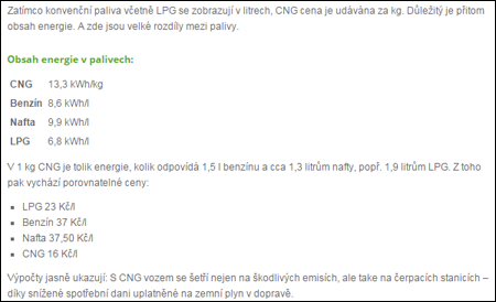 Výhřevnost LPG, CNG, benzínu a nafty